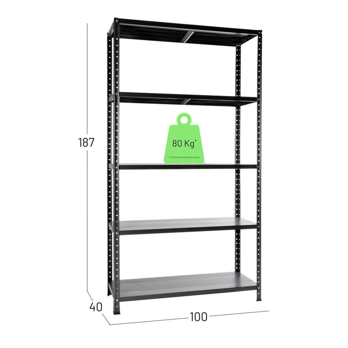 Scaffalatura in metallo verniciato grigio antracite. Misure in centimetri larghezza 100, profondità 40, altezza 187.