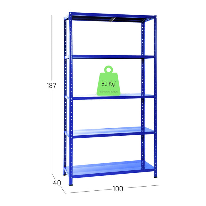 Scaffalatura in metallo verniciato blu. Misure in centimetri larghezza 100, profondità 40, altezza 187.