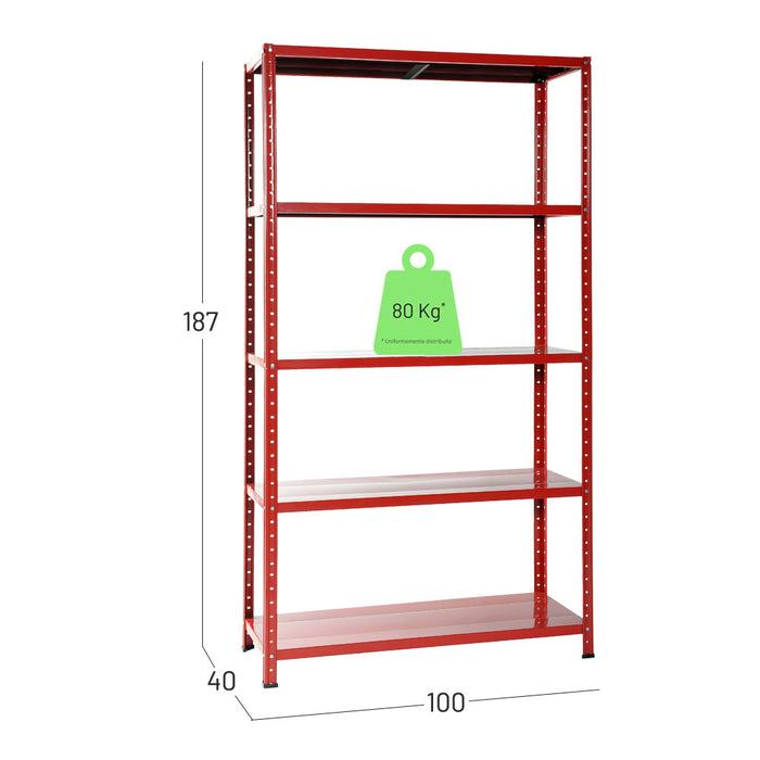 Scaffalatura in metallo verniciato rosso. Misure in centimetri larghezza 100, profondità 40, altezza 187.