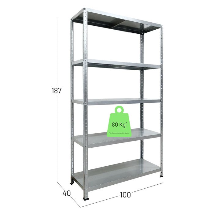 Scaffalatura in metallo verniciato zincato. Misure in centimetri larghezza 100, profondità 40, altezza 187.