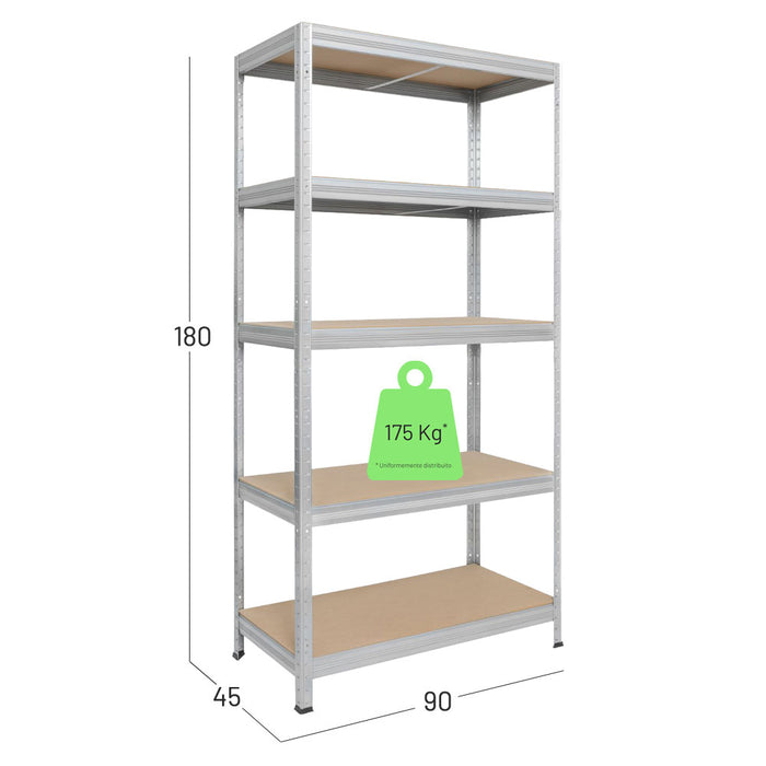 Scaffalatura legno metallo zincato, misure in centimetri larghezza 90, profondità 45, altezza 180. Portata a ripiano uniformemente distribuito 175 Kg. Montaggio a incastro