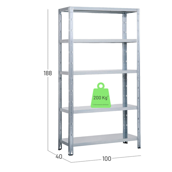 Scaffalatura metallica in kit, montaggio a incastro, misure in cm larghezza 100 profondità 40 altezza 188, portata a ripiano uniformemente distribuito 200 kg. Made in Italy