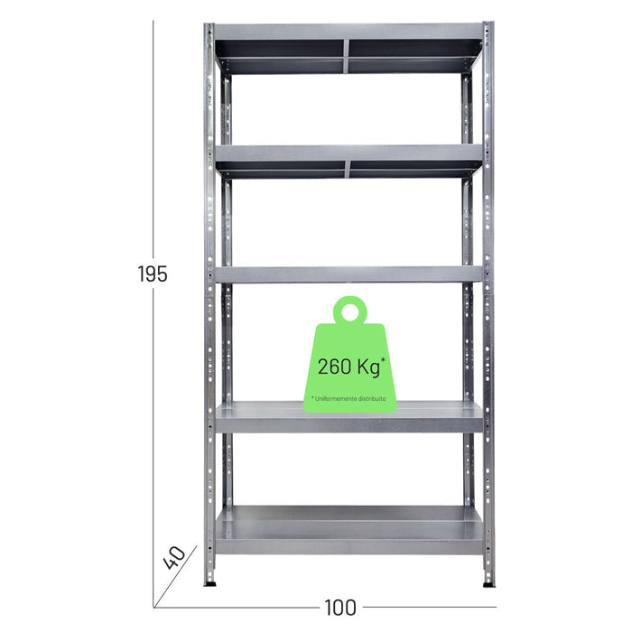 Scaffalatura metallica in kit, montaggio a incastro, misure in cm larghezza 100 profondità 40 altezza 195, portata a ripiano uniformemente distribuito 260 kg.