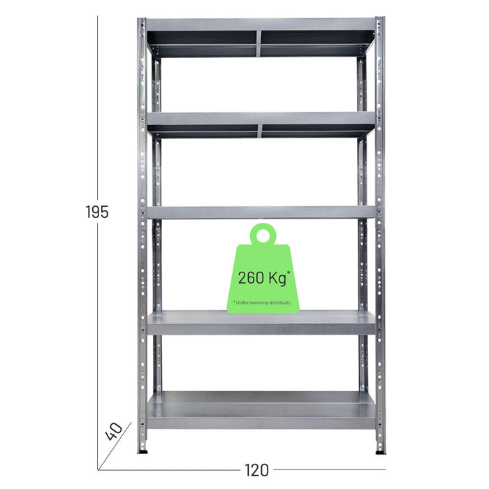 Scaffalatura metallica in kit, montaggio a incastro, misure in cm larghezza 120 profondità 40 altezza 195, portata a ripiano uniformemente distribuito 260 kg.