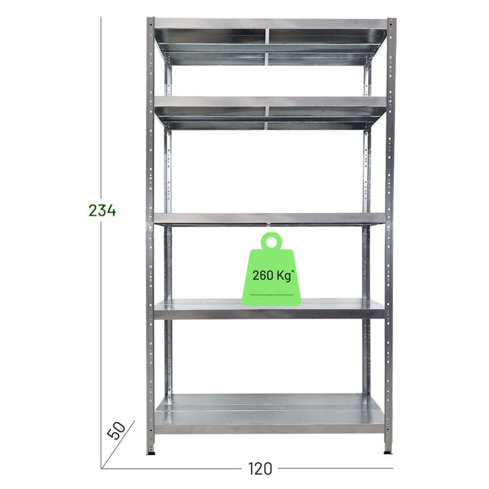 Scaffalatura metallica in kit, montaggio a incastro, misure in cm larghezza 120 profondità 50 altezza 234, portata a ripiano uniformemente distribuito 260 kg.