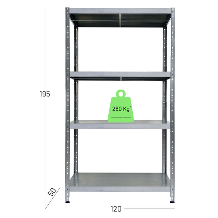 Scaffalatura metallica in kit, montaggio a incastro, misure in cm larghezza 120 profondità 50 altezza 195, portata a ripiano uniformemente distribuito 260 kg.