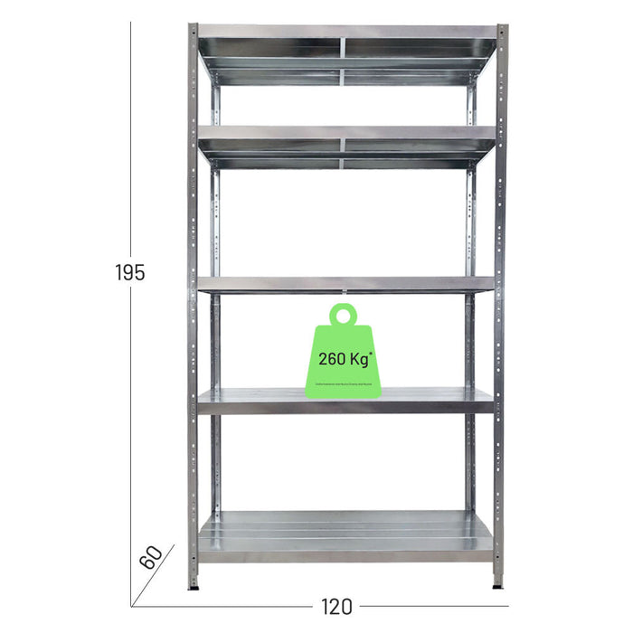 Scaffalatura metallica in kit, montaggio a incastro, misure in cm larghezza 120 profondità 60 altezza 195, portata a ripiano uniformemente distribuito 260 kg.