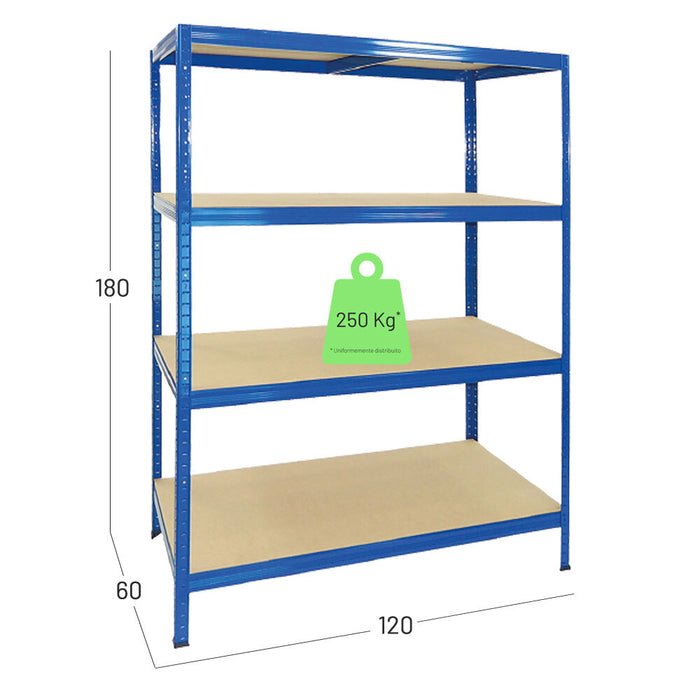 Scaffalatura legno metallo di colore blu, misure in centimetri larghezza 120, profondità 60, altezza 180. Portata a ripiano uniformemente distribuito 250 Kg. Montaggio a incastro