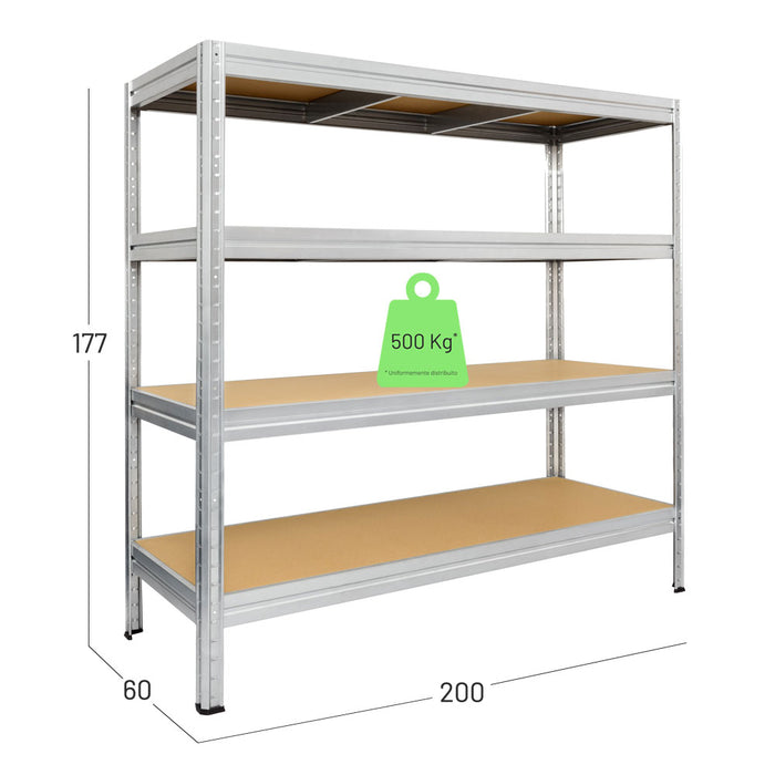 Scaffalatura legno metallo zincato, misure in centimetri larghezza 200, profondità 60, altezza 177. Portata a ripiano uniformemente distribuito 500 Kg. Montaggio a incastro