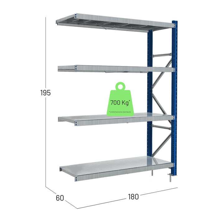 Scaffalatura zincata e blu ad incastro modulo aggiuntivo