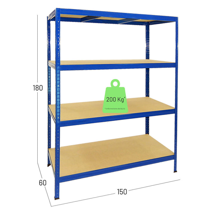 Scaffalatura legno metallo di colore blu, misure in centimetri larghezza 150, profondità 60, altezza 180. Portata a ripiano uniformemente distribuito 200 Kg. Montaggio a incastro
