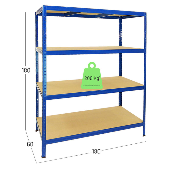 Scaffalatura legno metallo di colore blu, misure in centimetri larghezza 180, profondità 60, altezza 180. Portata a ripiano uniformemente distribuito 200 Kg. Montaggio a incastro