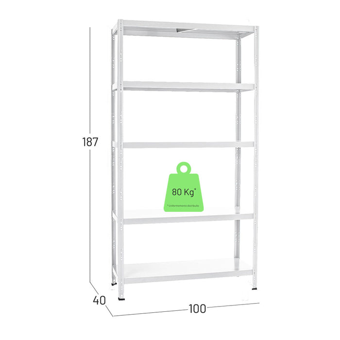 Scaffalatura in metallo verniciato bianco. Misure in centimetri larghezza 100, profondità 40, altezza 187. Modifica testo alternativo