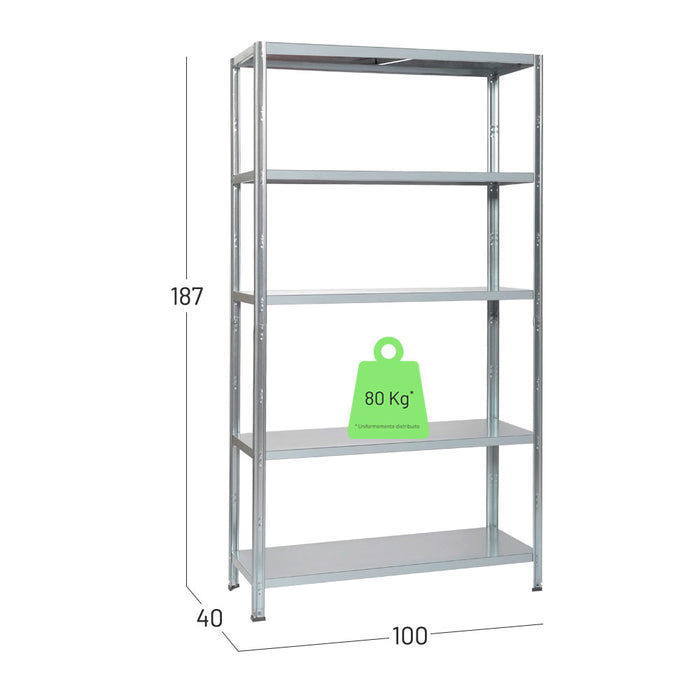 Scaffalatura in metallo verniciato zincato. Misure in centimetri larghezza 100, profondità 40, altezza 187. Modifica testo alternativo